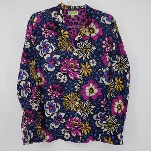 Vera Bradley Mixed Floral/Leopard Print Button Front Shirt Purple Medium